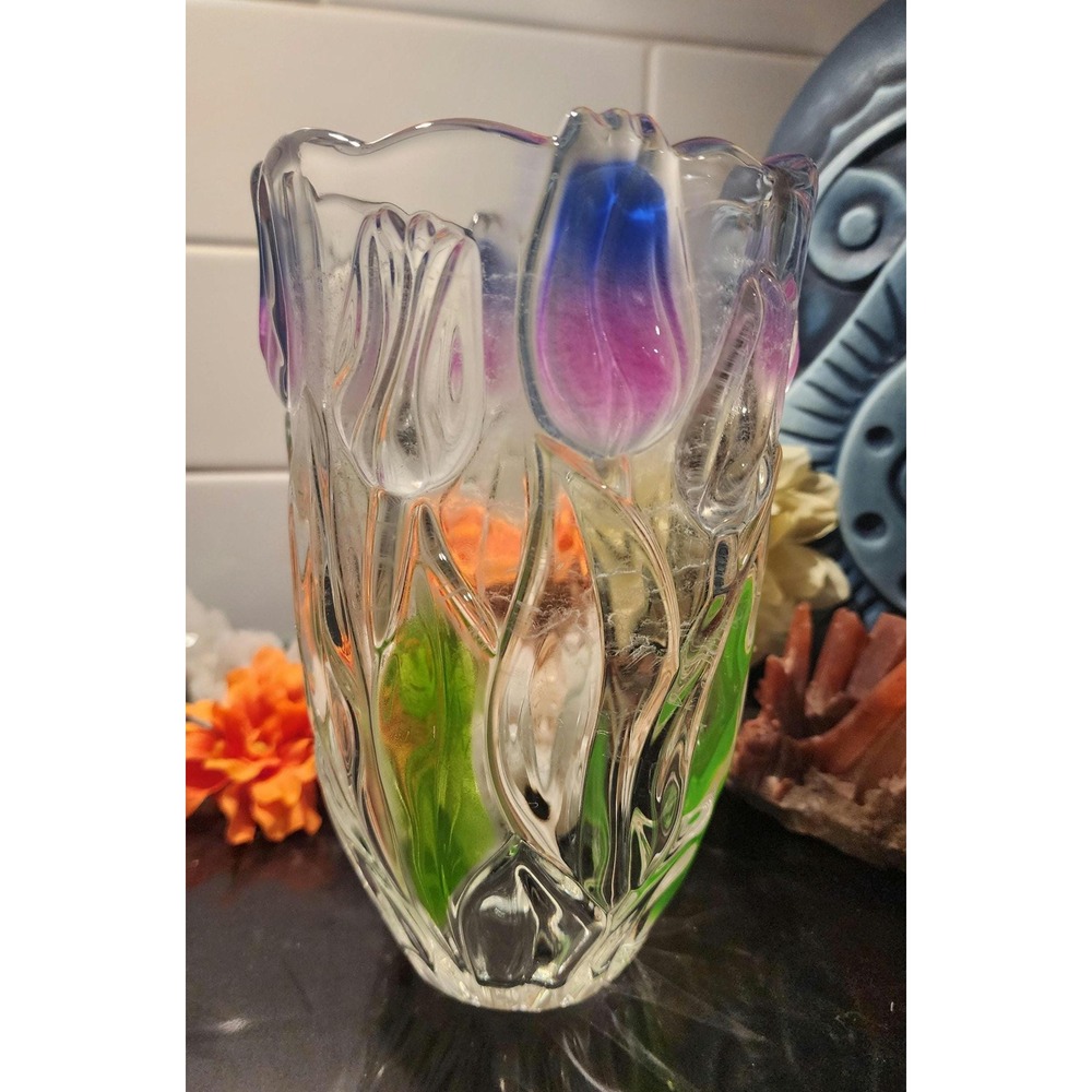 Walther Glas Crystal Vase Vintage German Art Glass Pink Purple Tulip Floral 90s